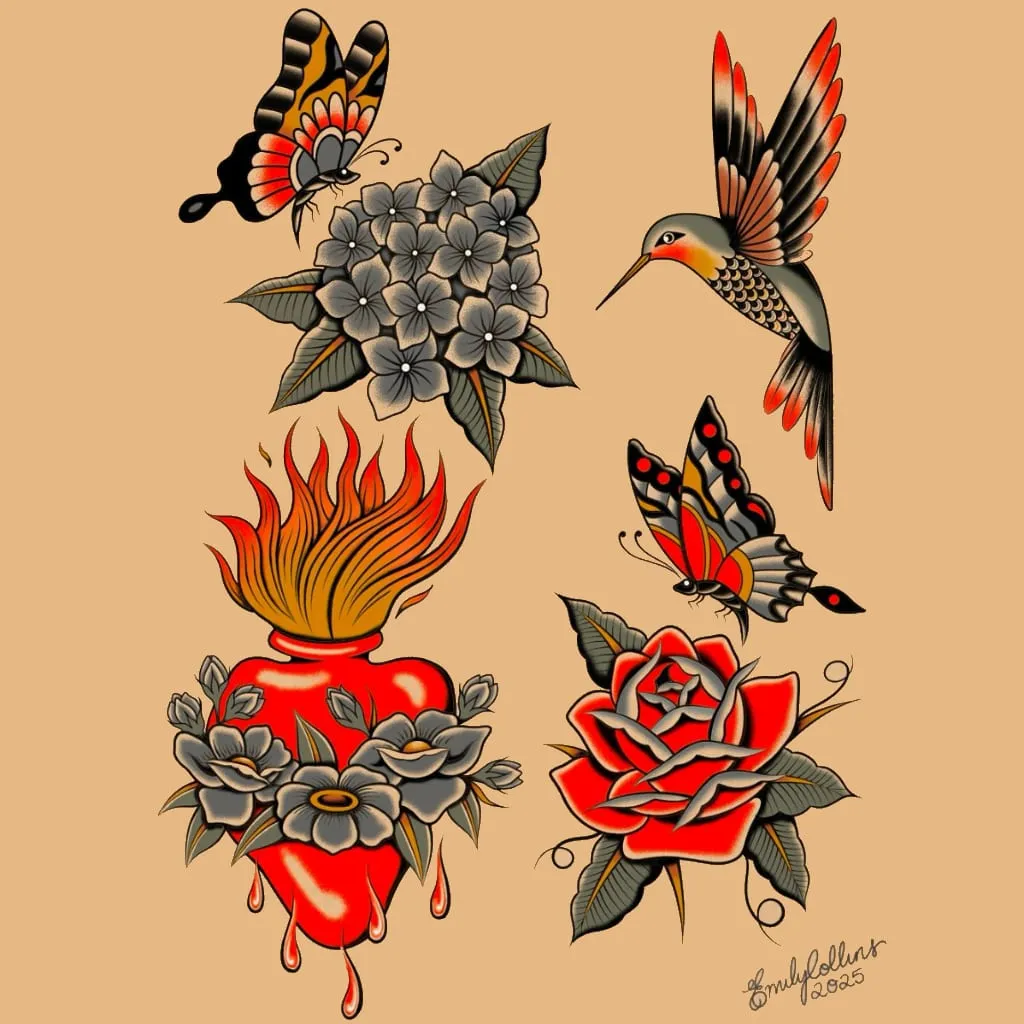 Flash sheet of butterflies, hydrangea, a hummingbird, a flaming sacred heart and a rose