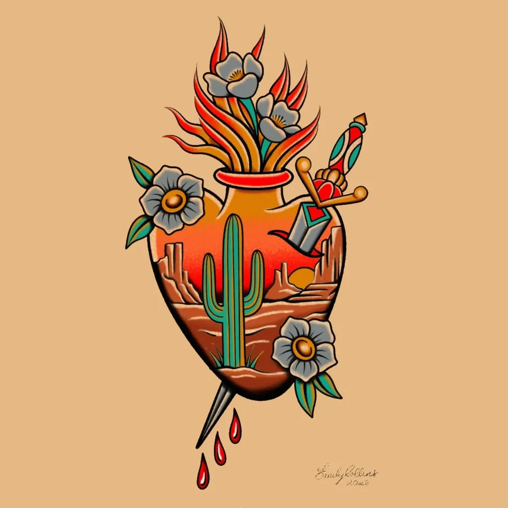 Sacred heart holding a desert scene with a saguaro cactus and a dagger through it