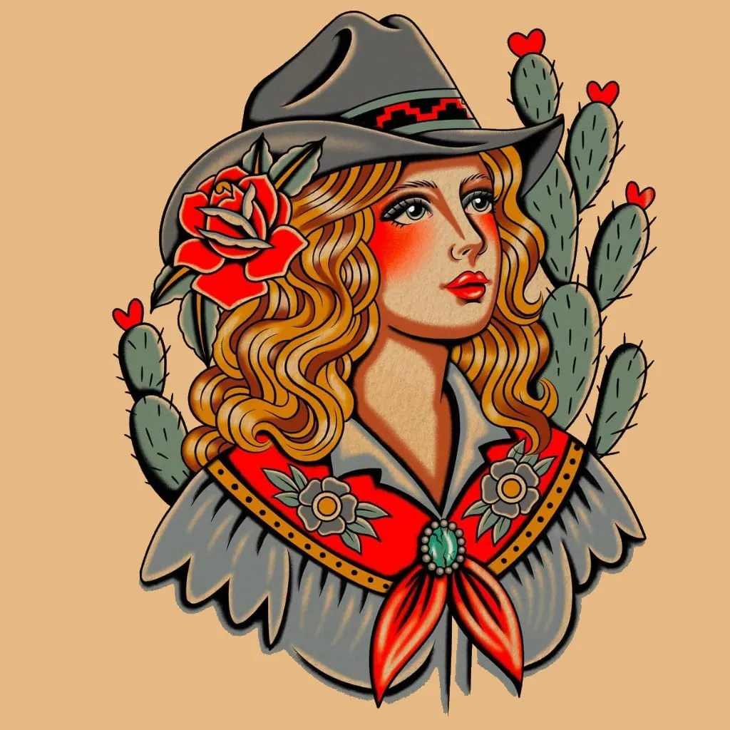Cowgirl in a grey hat with a red rose, framed by prickly pear cactus with heart-shaped flowers