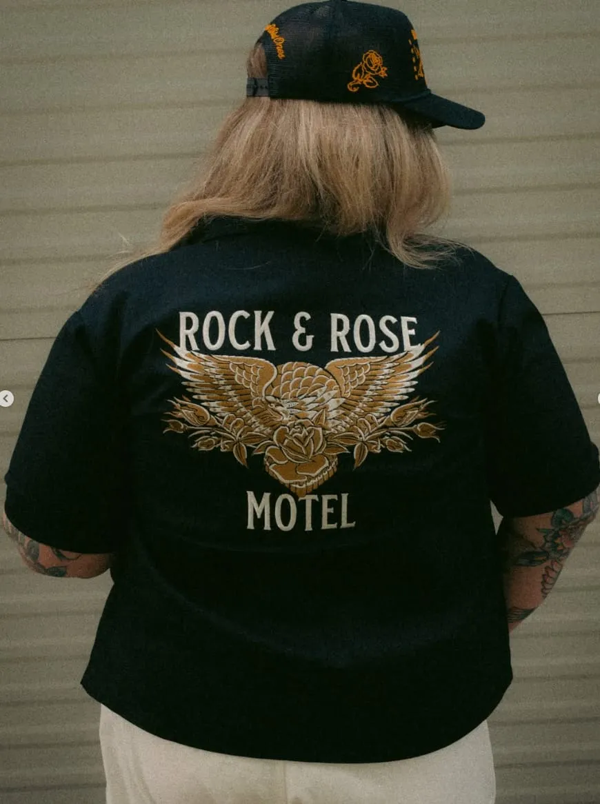 The back of a Rock & Rose work shirt, embroidered with an eagle