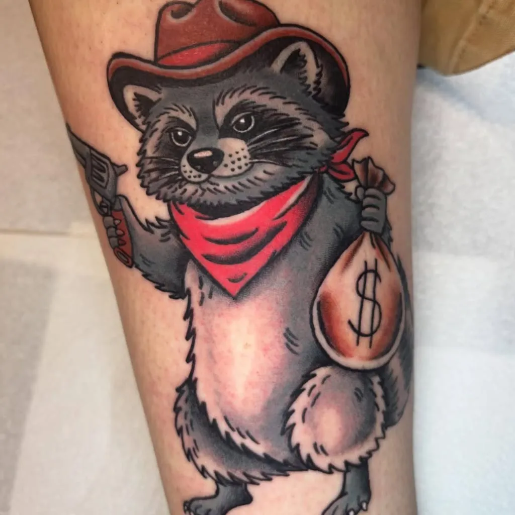 Raccoon in a cowboy hat and red bandana holding a revolver and a money bag
